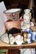 Oriental planter, Clarice Cliff jug, oval mirror, Carlton ware, Dunhill tobacco jar,