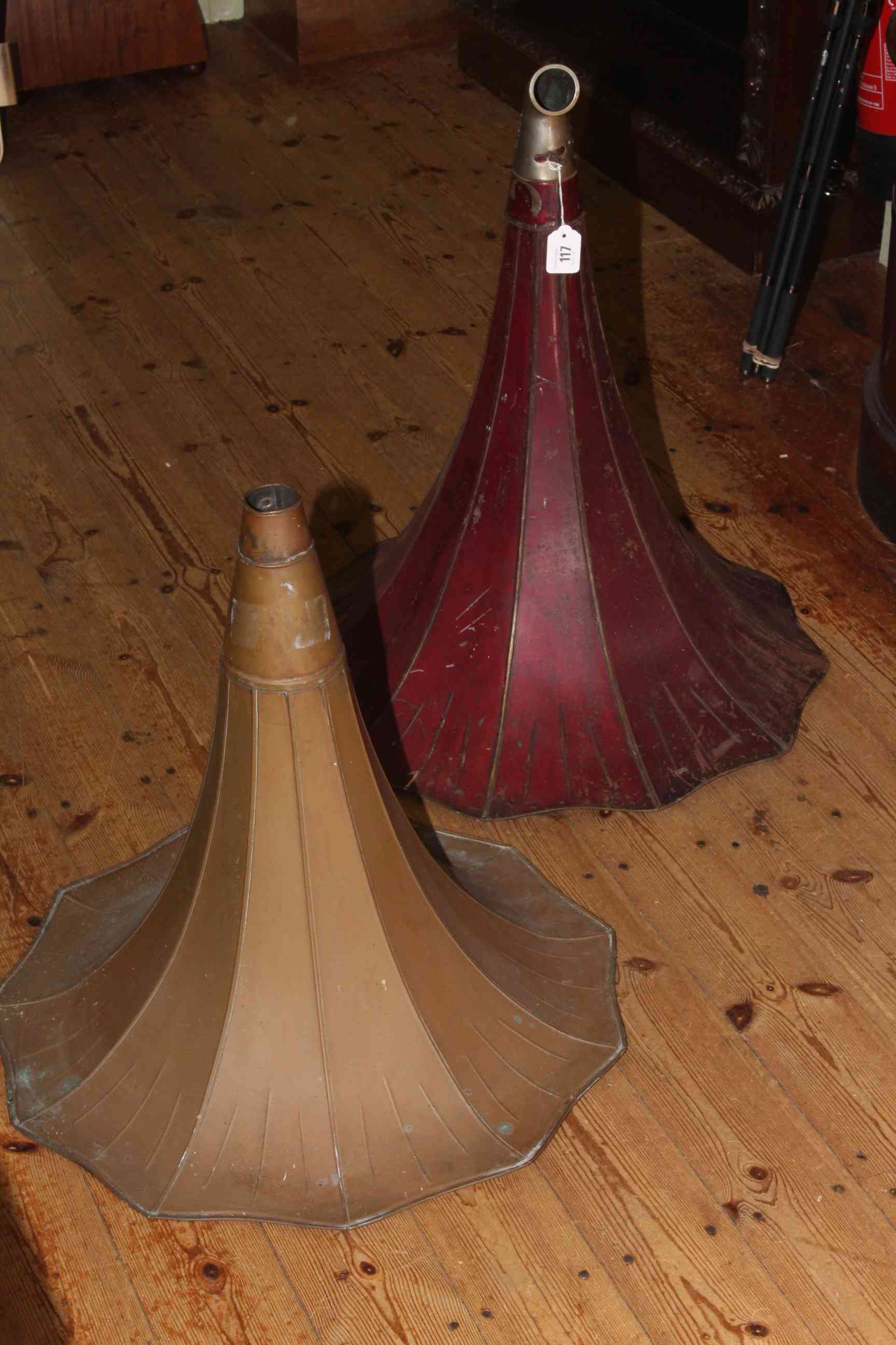 Two large vintage gramophone horns