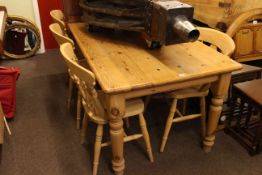 Rectangular pine kitchen table and six beech chairs