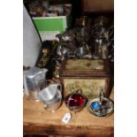 Collection of silver plated ware, pair of brass candlesticks, fire irons, cake moulds,