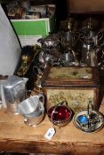 Collection of silver plated ware, pair of brass candlesticks, fire irons, cake moulds,