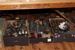 Three boxes of silver plated ware, pewter tankards, opera glasses,