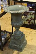 Pair cast Campana style garden urns and stands,