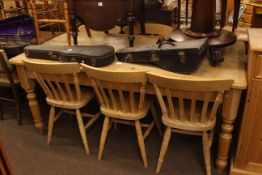 Rectangular pine kitchen table and six beech chairs