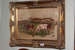 Owen Bowen, Cattle in Meadow, oil on canvas, 26.5cm by 36.