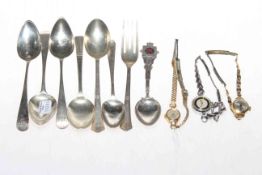 Three ladies watches and silver teaspoons and fork