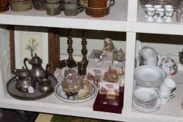 Lilliput Lane cottages, floral pictures, dinnerware, metalware, pair of brass candlesticks,