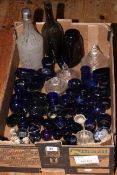 Box of glassware including antique wine bottle and blue liners