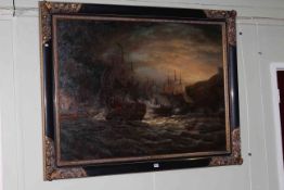 Large Naval battle scene, oil on canvas, 89cm by 120cm,