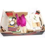 Box with silver watch, fans, postcards,