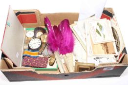 Box with silver watch, fans, postcards,