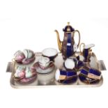 Royal Doulton blue an gilt coffee set and Bavarian 'Roses' cups and saucers