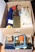 Collection of assorted cutlery, feather fan, coins, Guinness buttons, jewellery, hat pins,