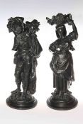 Pair spelter figures of male and female harvest subjects,