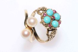 9 carat gold turquoise and ruby ring and a 9 carat gold twin pearl ring (2)