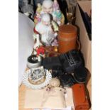 Two china Buddha's, flasks, cameras, jewellery,
