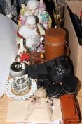 Two china Buddha's, flasks, cameras, jewellery,