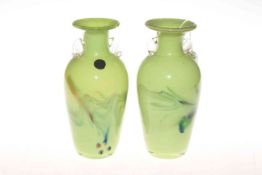 Pair green art glass vases