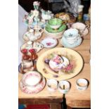 Floral encrusted basket and pair of chamber sticks, various cups and saucers, Aynsley plate,