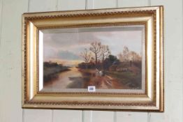 Landscape oil with Horse and Figures on a Riverside Path, signed and dated 1908,