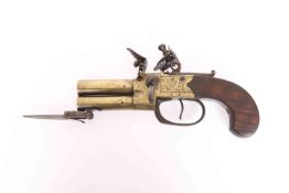 A BRASS DOUBLE BARREL OVER AND UNDER PISTOL WITH BAYONET BY SOUTHALL OF LONDON,