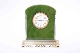 AN ART DECO STERLING SILVER AND NEPHRITE JADE DESK CLOCK, SIGNED CARTIER,