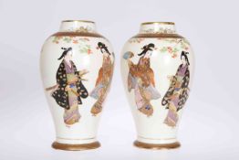 A PAIR OF NORITAKE VASES, each decorated with two bijins, green painted factory mark.
