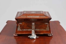 A GOOD EARLY VICTORIAN MOTHER-OF-PEARL INLAID ROSEWOOD SEWING BOX, with caddy top and ring handles,