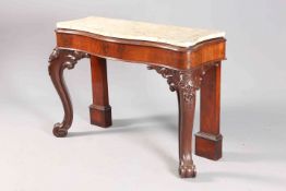 A MID-19TH CENTURY MAHOGANY SERPENTINE CONSOLE TABLE, with simulated marble painted top,