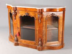 A VICTORIAN BURR WALNUT AND MARBLE-TOPPED CHIFFONIER, with shaped top above three glazed doors.
