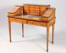 AN EDWARDIAN INLAID MAHOGANY CARLTON HOUSE DESK, the superstructure with drawers,