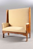 AN ARTS AND CRAFTS GOLDEN OAK AND UPHOLSTERED HALL SETTLE, possibly German or Austrian,