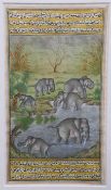 A PAIR OF INDIAN GOUACHE BOOKPLATES, each with text and elephants, framed. 22.5cm by 12.