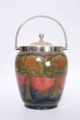 WILLIAM MOORCROFT A FINE EVENTIDE PATTERN BISCUIT BARREL, with silver-plated mount,