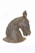 A LARGE CARVED WOODEN HEAD OF A HORSE, with a "scumbled" finish.