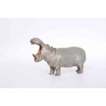 A COLD PAINTED BRONZE OF A HIPPOPOTAMUS, standing four square with mouth open wide,