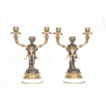 A PAIR OF FRENCH GILT AND PATINATED BRONZE CANDELABRA, 19TH CENTURY,