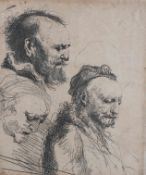 AFTER REMBRANDT, THREE OLD MEN, etching, framed. 10cm by 8.