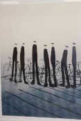 MACKENZIE THORPE, MEN WITH BIKES, signed, titled and numbered 186/195, print, framed.