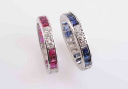 A SAPPHIRE AND DIAMOND ETERNITY RING AND A RUBY AND DIAMOND ETERNITY RING,