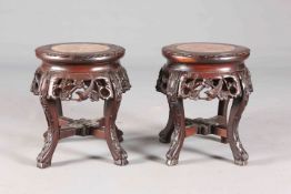 A SMALL PAIR OF CHINESE MARBLE-INSET HARDWOOD JARDINIERE STANDS, CIRCA 1900,