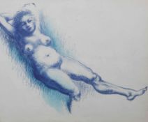 20TH CENTURY SCHOOL, STUDIES OF NUDES, two charcoal verso, one blue ink of a reclining female,