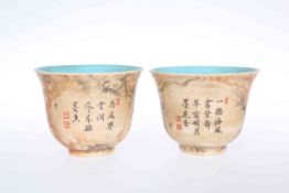 A PAIR OF CHINESE PORCELAIN CUPS, each with mottled glaze and turquoise interior. 5.