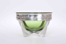 ARCHIBALD KNOX FOR LIBERTY & CO A TUDRIC PEWTER AND GREEN GLASS BOWL, number 0319,