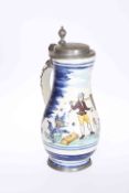 A GERMAN PEWTER MOUNTED FAIENCE STEIN, 18TH CENTURY, of baluster form,