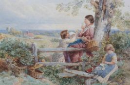 ATTRIBUTED TO MYLES BIRKET FOSTER (1825-1899), FAMILY AT A FENCE, bears monogram, watercolour,