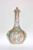 A CANTONESE FAMILLE ROSE BOTTLE VASE AND COVER, 19TH CENTURY, decorated with figures, flowers,