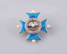 AN ENAMEL AND SEED PEARL BROOCH, circa 1880-1890,