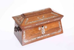 A 19TH CENTURY MOTHER-OF-PEARL INLAID ROSEWOOD TEA CADDY, with turned handles,