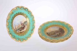 A SET OF FOUR PRATT TYPE CABINET PLATES, each painted with a landscape, one titled Hartlepool,